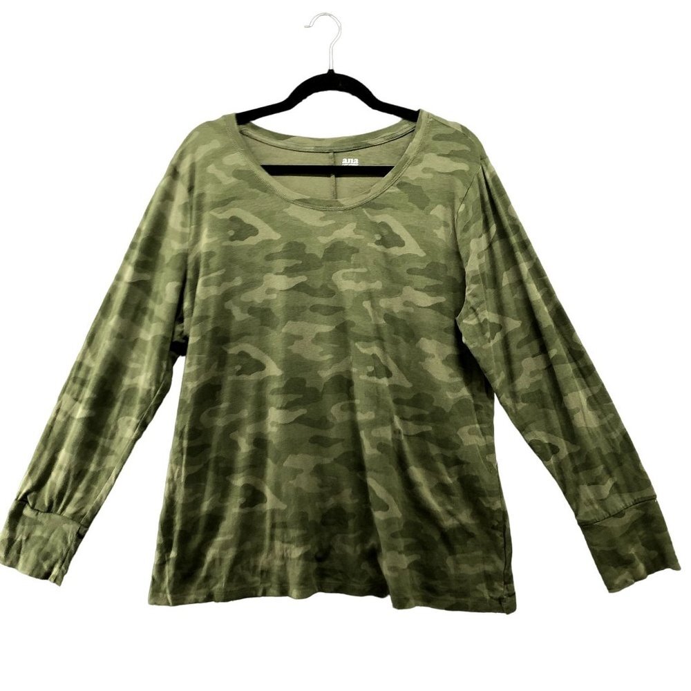 a.n.a Camo Long Sleeve T Shirt Womens XXL Army Green Modal Blend Round Neck